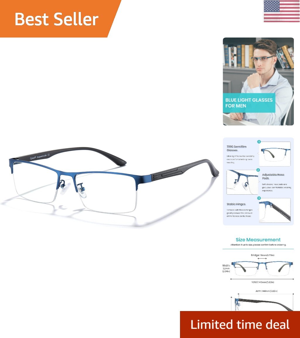 Blue Light Glasses Men Computer Glasses Semi Rim Eyewear Ultralight UV Blocki...-image