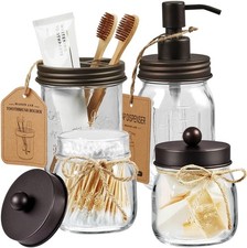 Mason Jar Bathroom Accessories Set 4 Pcs - Lotion Soap Dispenser  2 Cotton