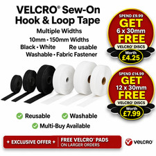 VELCRO® Sew On Tape Hook & Loop Fabric Fastener Strong Black or White 10mm–150mm