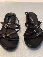 Prada Black Leather Strappy Buckle Flat Sanda...