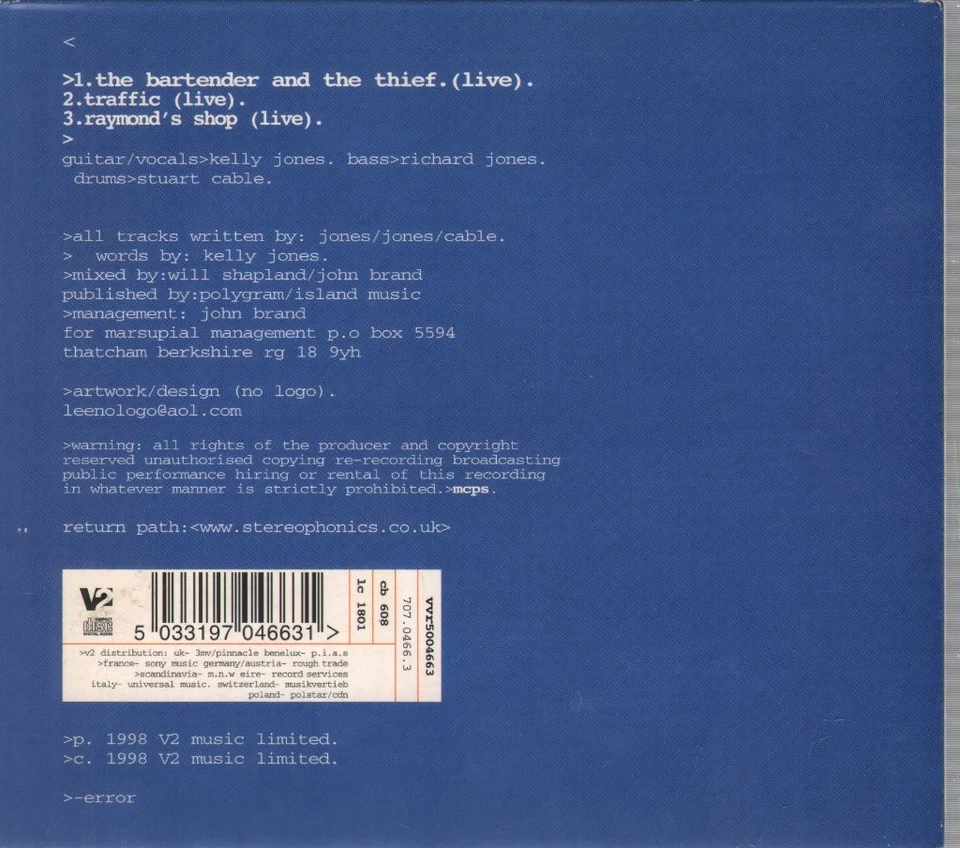 Stereophonics Bartender Und Der Dieb CD UK V2 1998 Single Digipak VVR5004663 - Bild 2 von 2