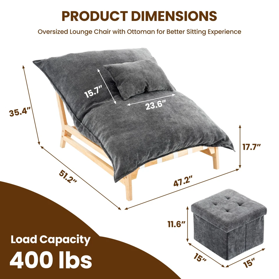 Chaise Lounge Chaise de Gran Tamaño NAIZEA Silla Grande Bolsa de Frijoles y Almohada y Otomana Foto 4 de 4