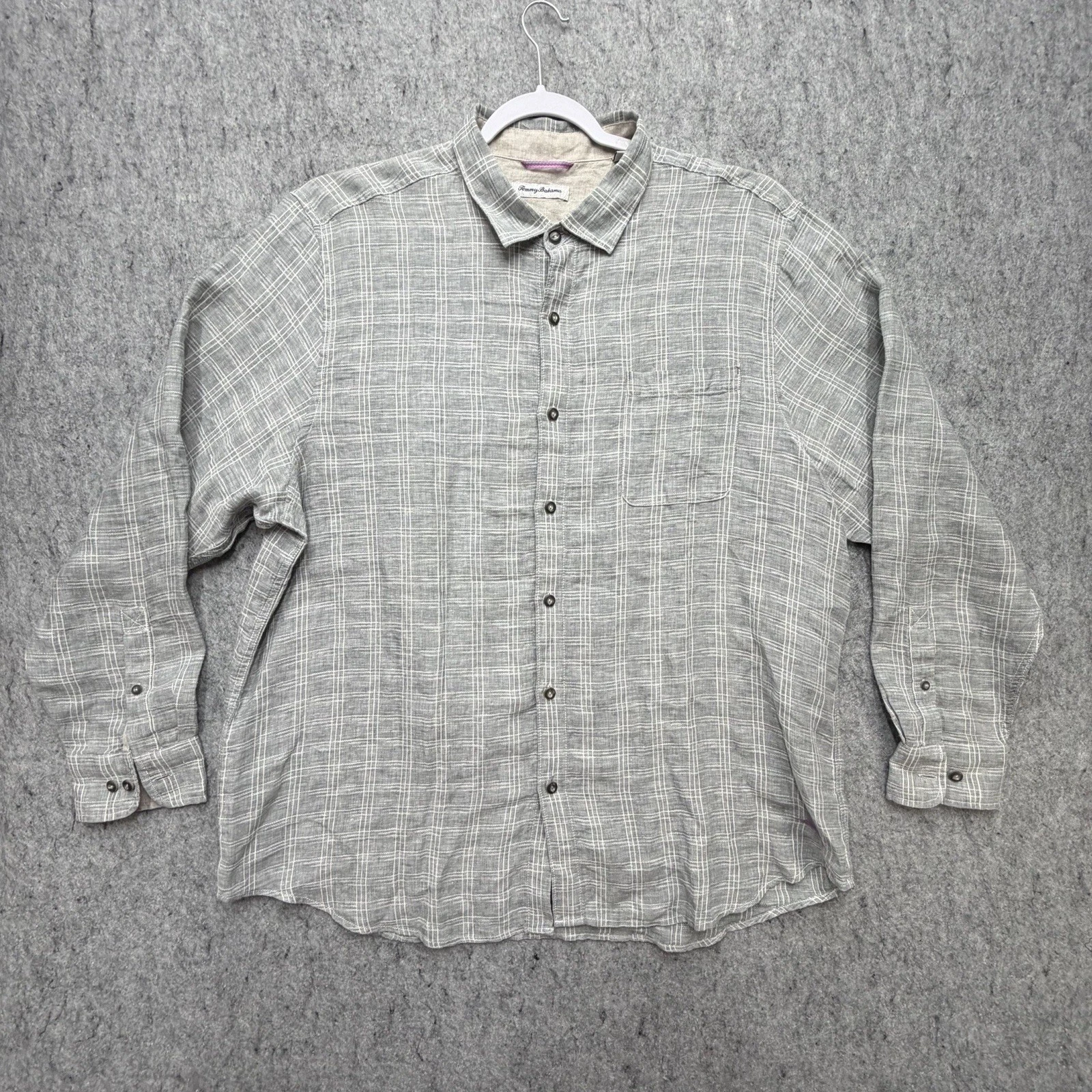 Tommy Bahama Ventana Linen Shirt Mens XXL Gray White Plaid Button Up Long Sleeve