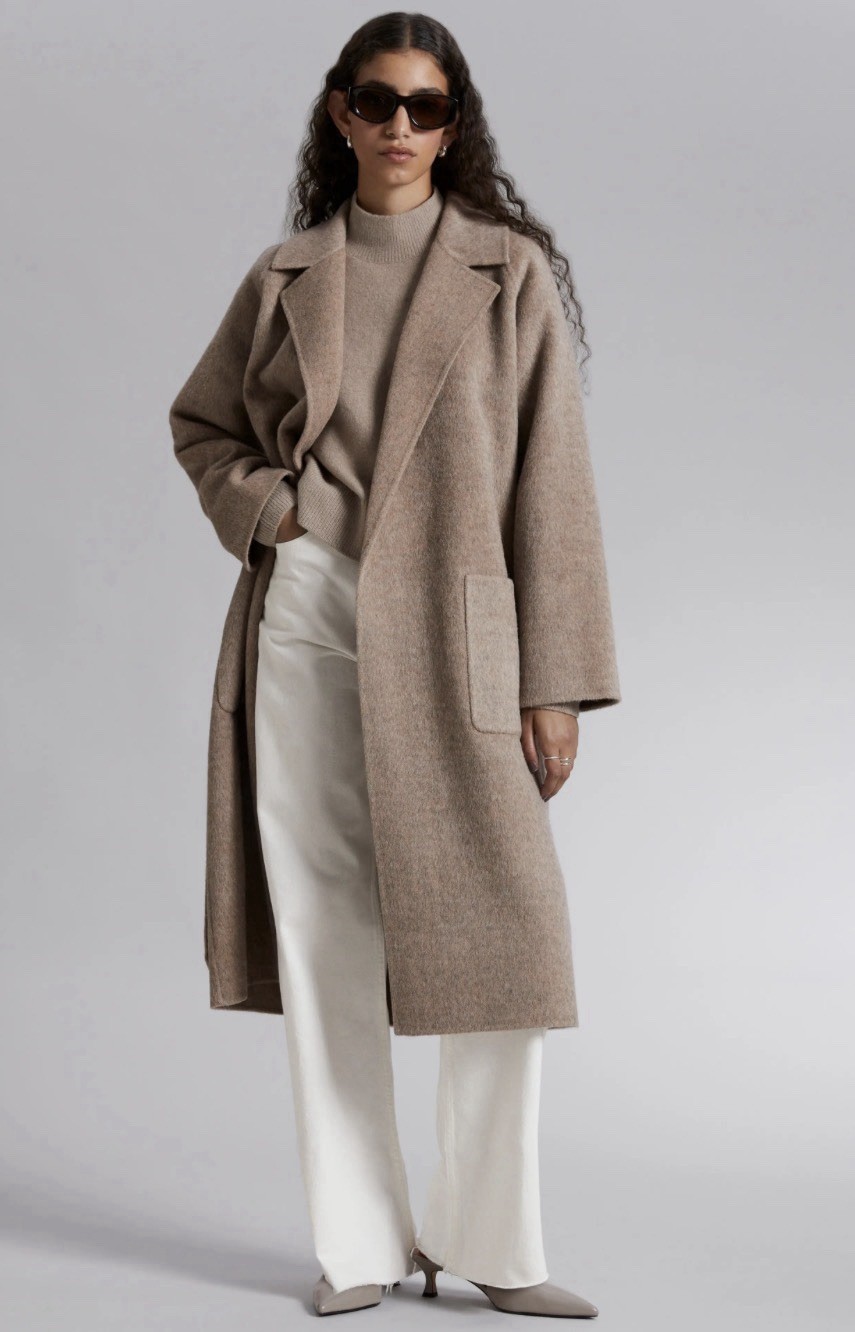 & Other Stories Shawl Collar Wool Blend Belted Coat Light Beige Size Large