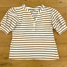 Rails Jewel Top Shirt Button Henley Tee Puff Sleeve Stripe Camel Brown Size XS
