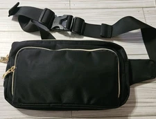 Sun Awesome Black Sling Crossbody Belt Bag Nylon Gold Zippers 11”x6”