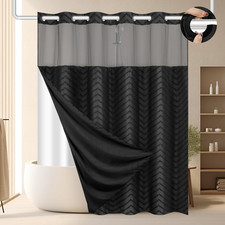 No Hook Shower Curtain Set Snap In Liner Ringless Chevron Window 71x74 Black