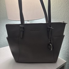 Michael Kors Gray Medium Tote Zip-Top, Inner Pockets, Logo, MK Charm, Silver