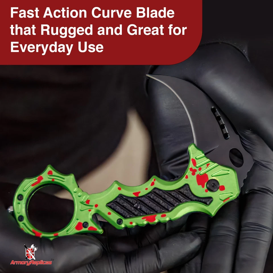 Spring Assisted Karambit Pocket Knife EDC Tactical Hawkbill Zombie Green Folding - Image 4 of 4