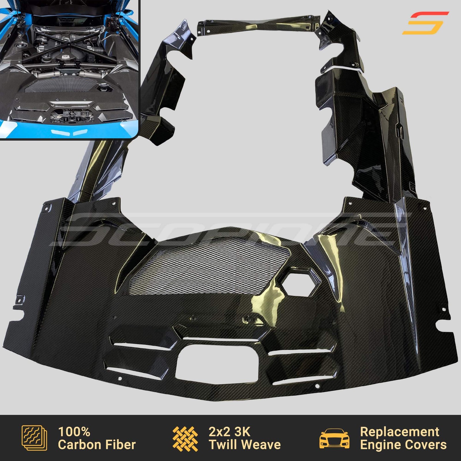 Scopione Carbon Fiber Engine Bay Covers Trim Kit for Lamborghini Aventador Coupe