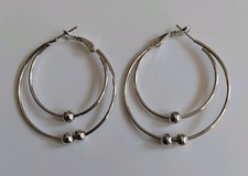 Silver Metal Double Hoop Earrings,  5cm Long