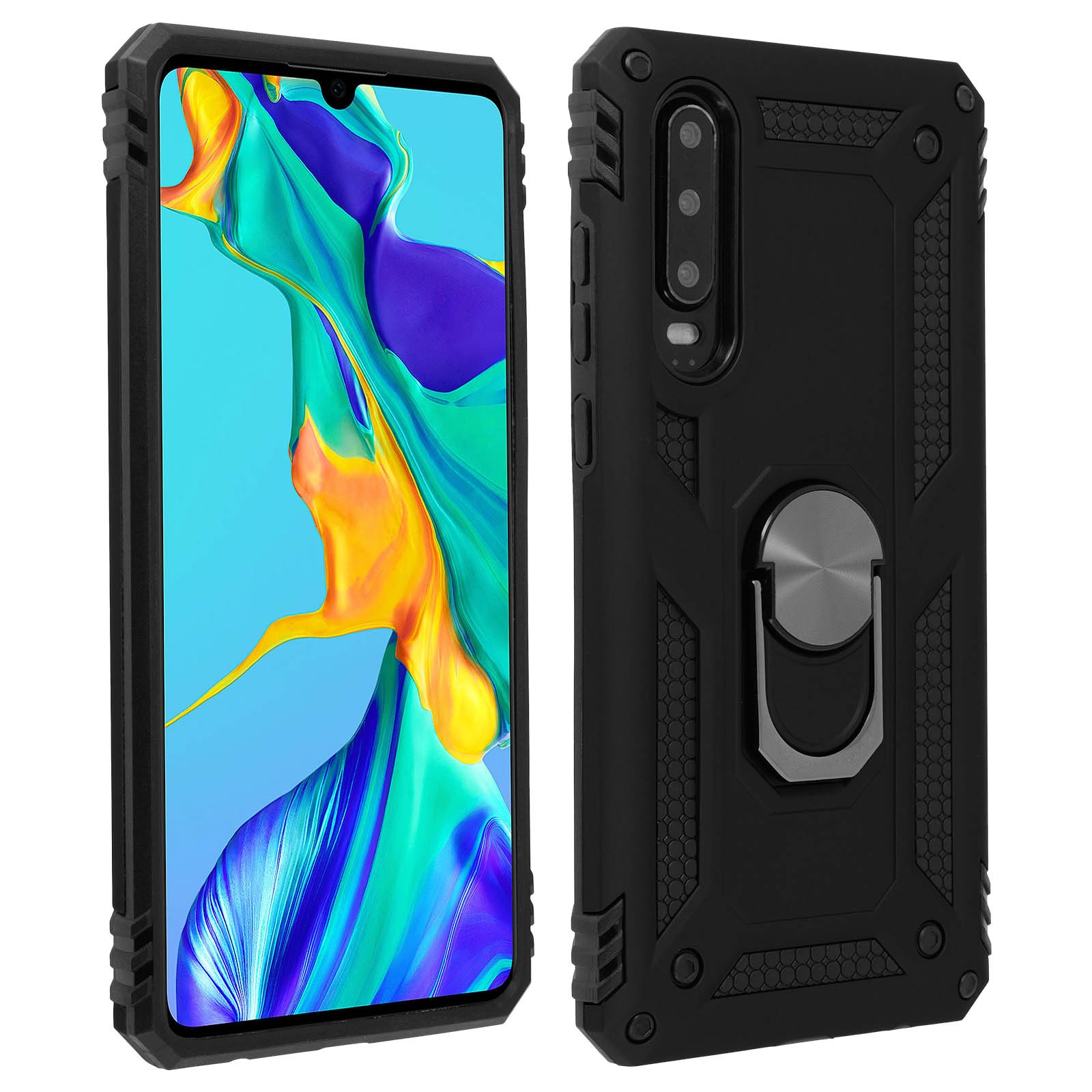 Coque Huawei P30 Avizar hybride noire avec anneau de support intégré