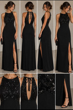 VTG Maxi 90s Y2K Black Sequin Lace Top Dress Open Back Side Slit 7/8 USA Formal