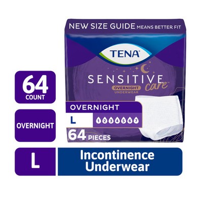 TENA Sensitive Care Overnight Underwear, L, 64 ct, waist 32-42 in