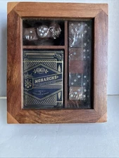 Monarch Theory 11 Cards, 5 Dice, 28 Dominoes Tiles Game Set Wood Case India New
