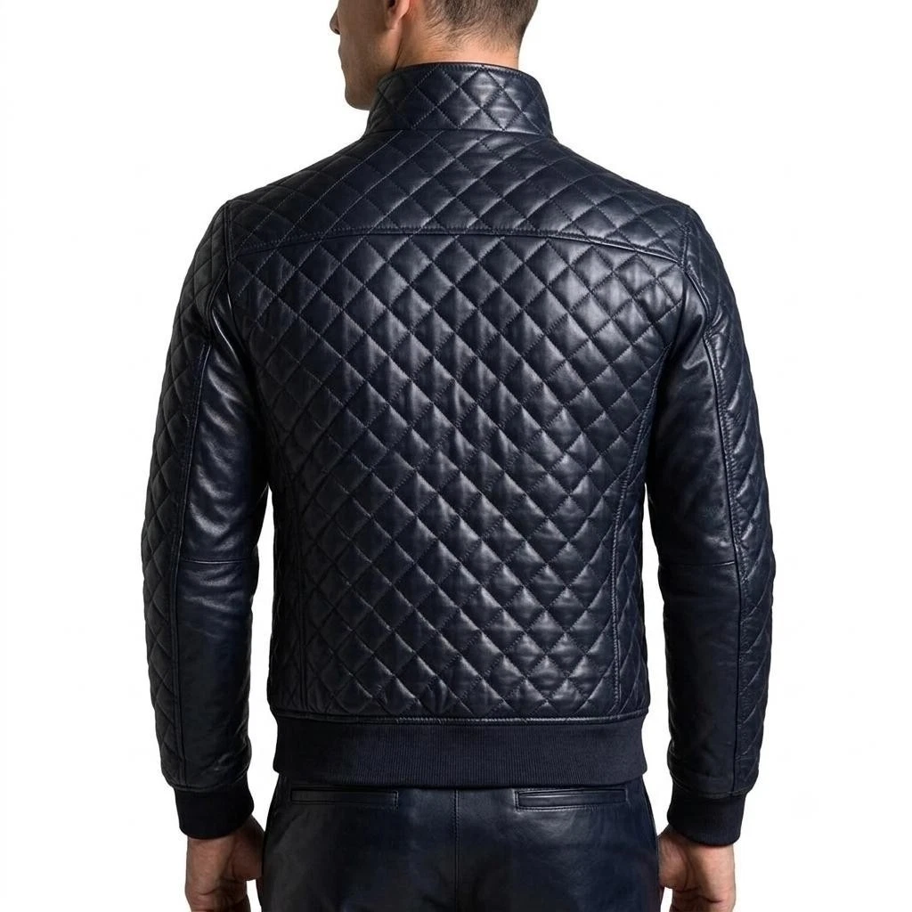 Men's Real Lambskin Leather Blue Flight Bomber Jacket Quilted Style Biker Coat - product detail image 2