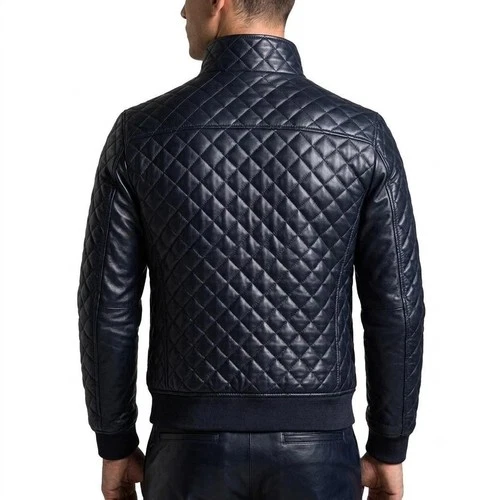 Men's Real Lambskin Leather Blue Flight Bomber Jacket Quilted Style Biker Coat image 2