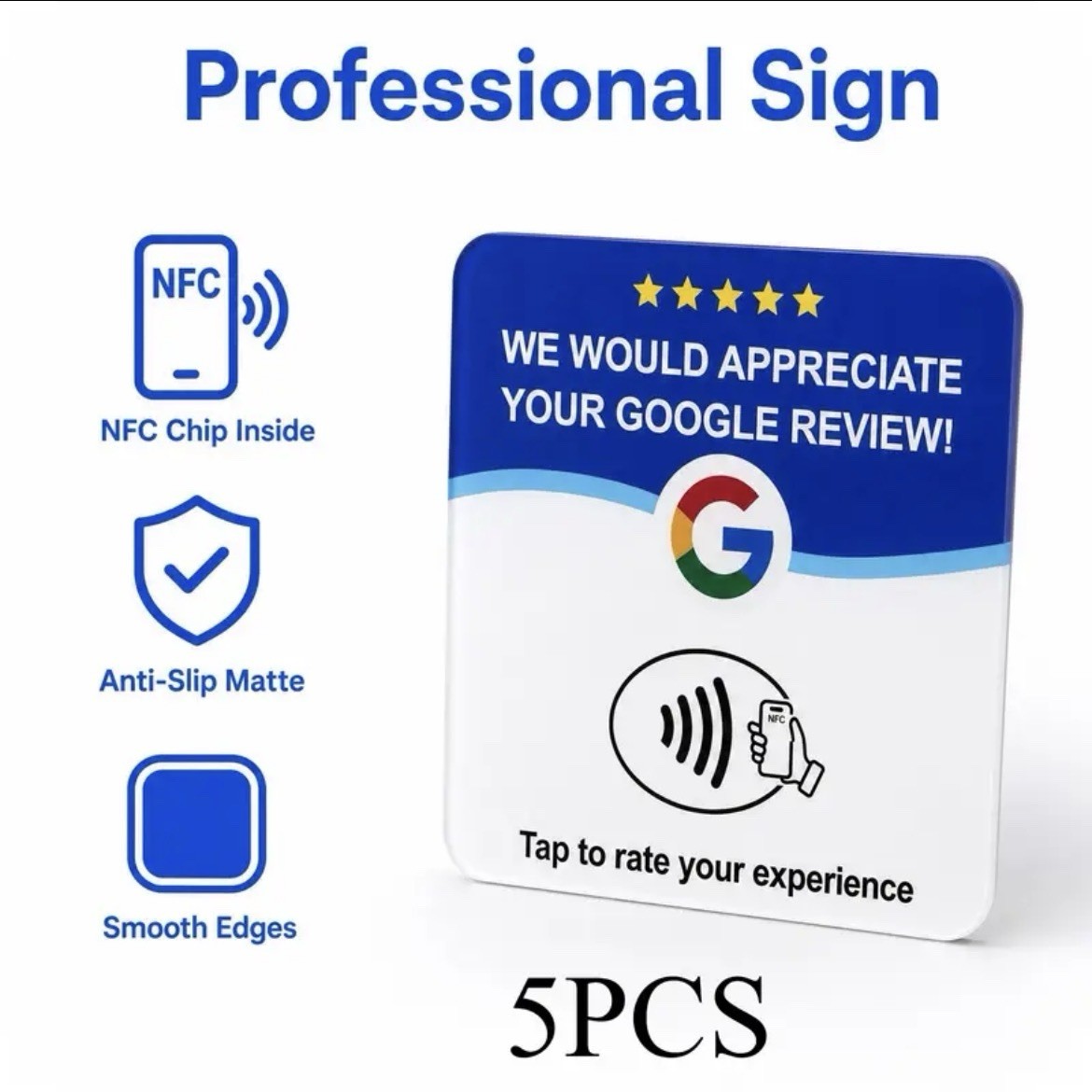 5 pack Google Review NFC Tap Acrylic Card Sticker Sign with Adhesive Back