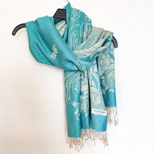 100 Pure Pashmina Wool Scarf Wrap Turquoise Blue Beige Floral Oversized Shawl