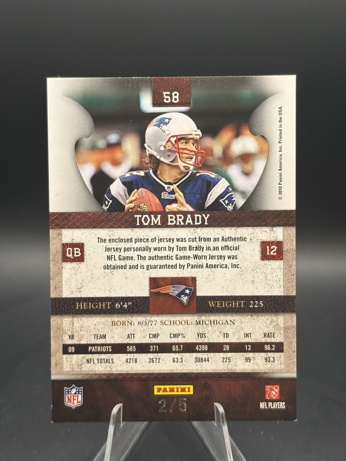 2010 panini Plates & Patches Tom Brady Prime Laundry Tag Jersey #2/5 Game Worn view 2
