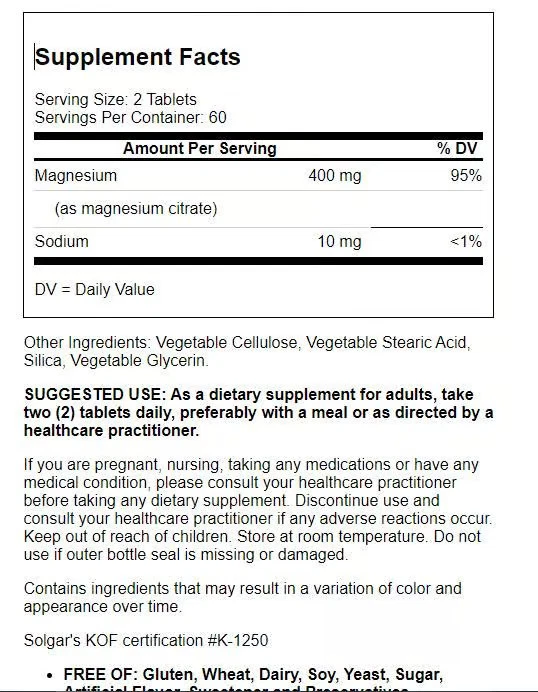 Citrato de magnesio Solgar 400 mg 120 comprimidos Foto 2 de 2