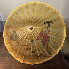 Vintage Asian Chinese Woman Kimono Dress Rice Paper Bamboo Parasol Umbrella