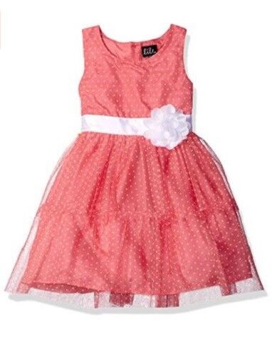Lilt Mädchen Allover Printed Dot Mesh Stufenkleid - Koralle - Größe 6 - Neu - Bild 1 von 2
