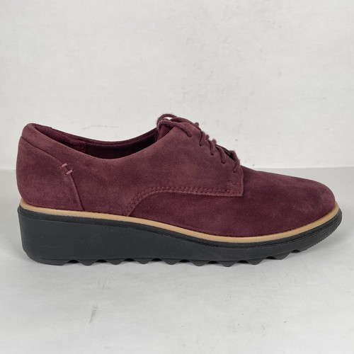 Clarks Sharon Noel Halbschuhe mit Keilabsatz Damen Größe 6 M Burgunder Wildleder Komfortschuhe