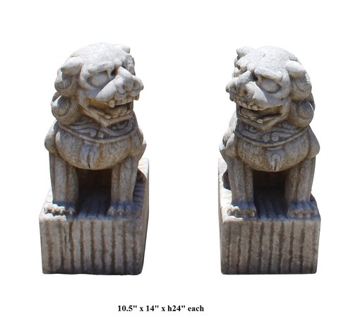 Chinese Pair Distressed Brown White Marble Stone Fengshui Foo Dog Statues cs2868 - Picture 7 of 7