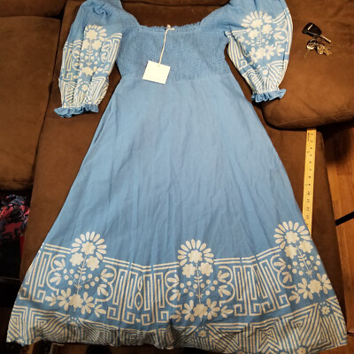 Olivia James the Label Bridget Garden Gate Sky Puff Sleeve Midi Dress MEDIUM