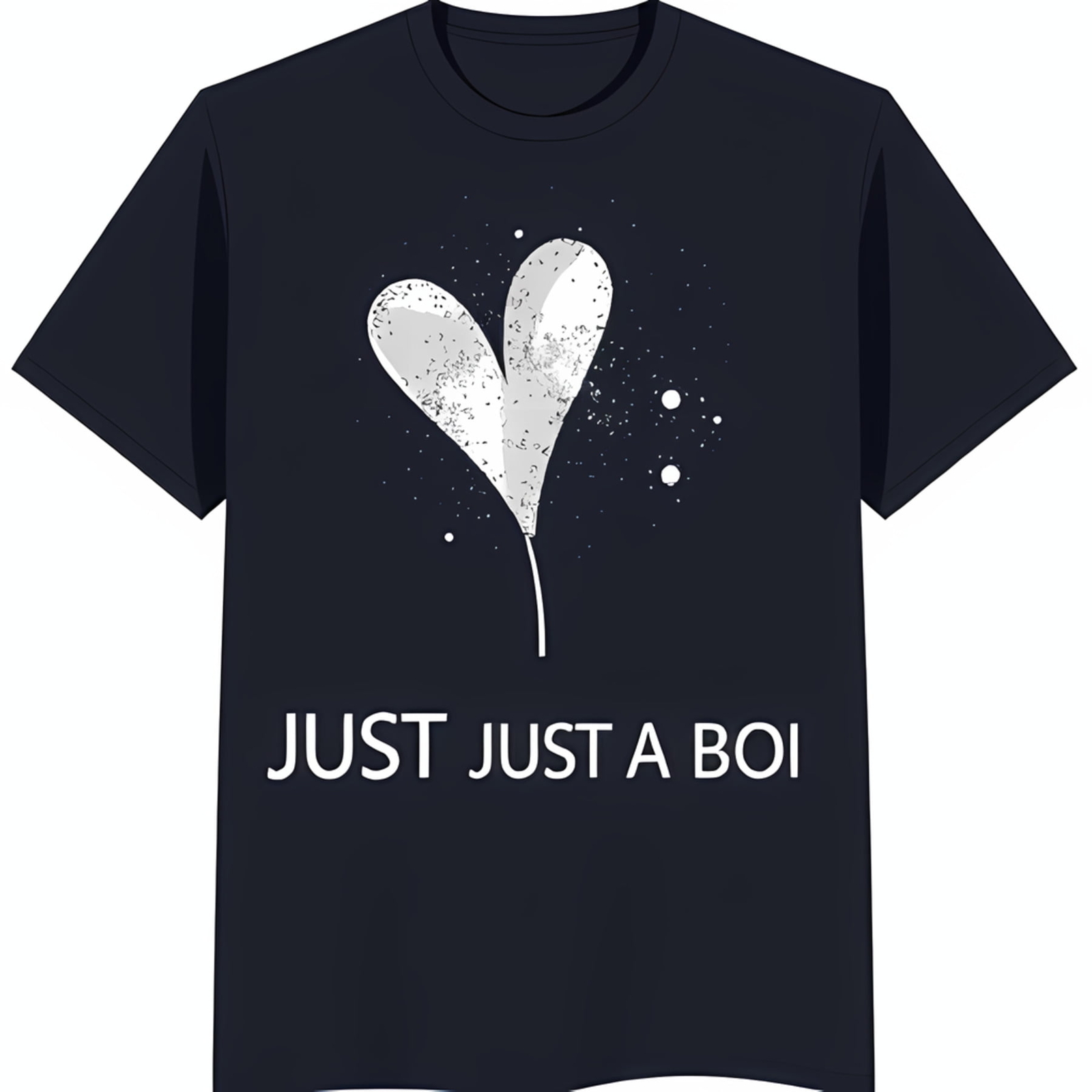 Black T-Shirt with White Heart Graphic & 'JUST JUST A BOI' Text