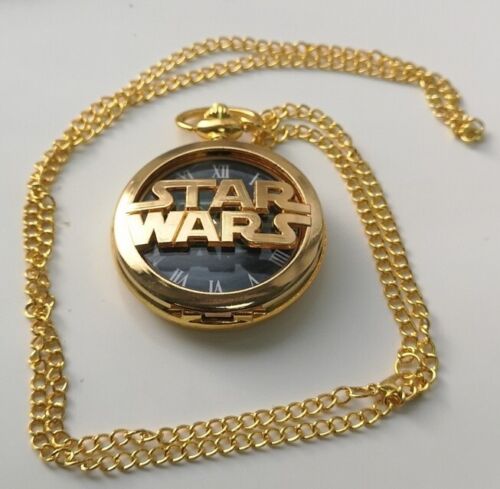 Star Wars Gold Pocket Watch Pendant Necklace Space Opera Antique Science Fiction - Zdjęcie 1 z 15