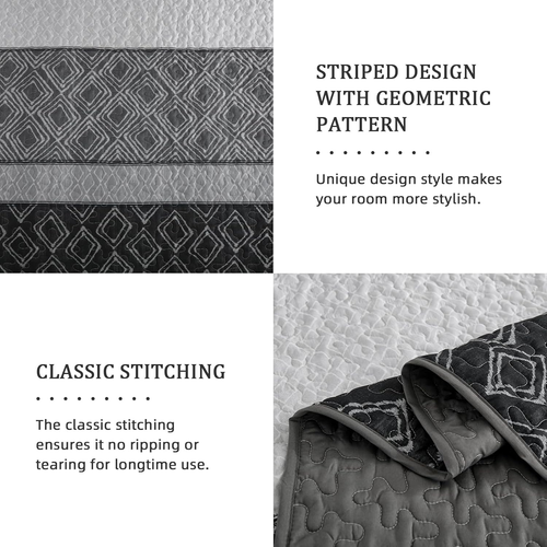 Cottolester Boho Quilt Set King Size 3 Pieces,Grey Striped Plaid Bedspread,Soft - Picture 5 of 6