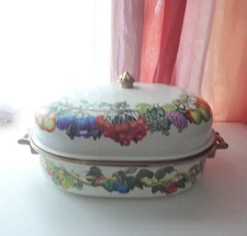 Enamel Cast Metal Roasting Dish Fruit Oval Covered Casserole Tureen Stove Type 