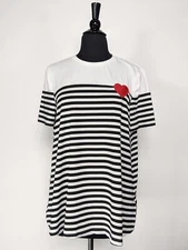 Shein White Black Striped Heart Patch Short Sleeve Top Size L