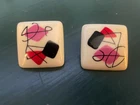 Vintage Painted Abstract Square Stud Costume Earrings 80s Jewelry
