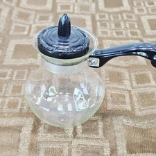 Pyrex Small Glass Pitcher Syrup Server Black Lid and Handle USA Made Vintage