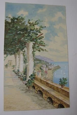 Watercolors & Acrylics Painting Coast Scene French Rivera 1940's 11.8", Y. Bora'