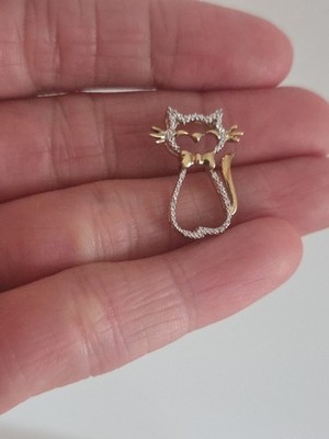 10K Yellow Gold Diamond Cat Pendant Diamond Kitty Pendant Yellow Gold Accents
