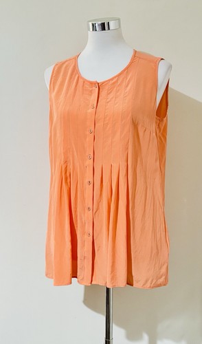 Blue Illusion Size S Top Coral 100% Silk Buttons Pleats Sleeveless A+ Condition