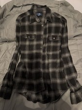 George Men's Flannel Button-Up Shirt Black Gray Plaid M 38-40 GM31Y054
