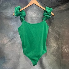 Express Womens Green Ruffle Scrunchie Strap Scoop Neck Bodysuit Medium