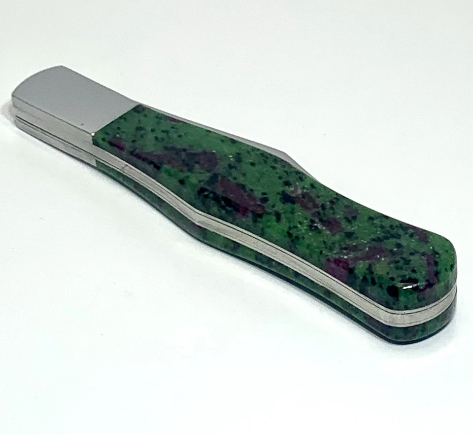 VINTAGE KA-BAR 1177 USA COKE BOTTLE KNIFE CUSTOM RUBY IN ZOISITE STONE HANDLES - Image 3 of 4