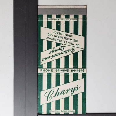 Charry's Restaurant Lounge Miami 1950s Green Striped Design Matchbook