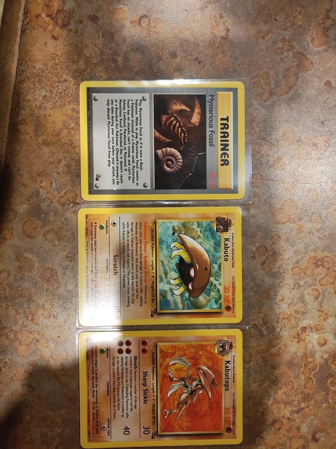1999 Fossil Regular Rare Kabutops 24/62 + Kabuto 50/62, Mysterious Fossil 62/62