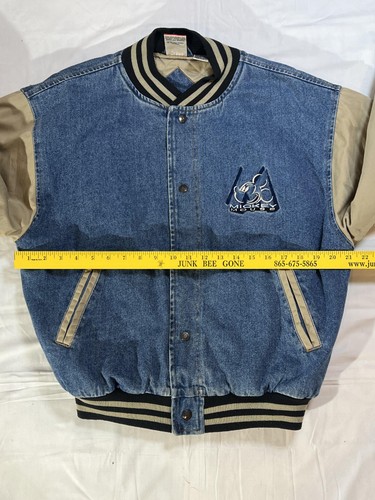 Vintage Mickey Mouse Jacket Mens Medium Blue Denim Tan Varsity Bomber 90s Disney - Picture 6 of 7