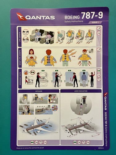 QANTAS AIRWAYS SAFETY CARD-- 787-9 Purple
