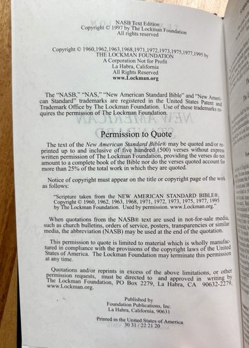 NASB Pew Bible New American Standard 1995 Text Edition HC Foundation Publication - Foto 5 di 8