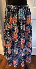 Cato Maxi Skirt Tiered Size Large Cotton Lined Peasant Boho Navy Abstract Floral