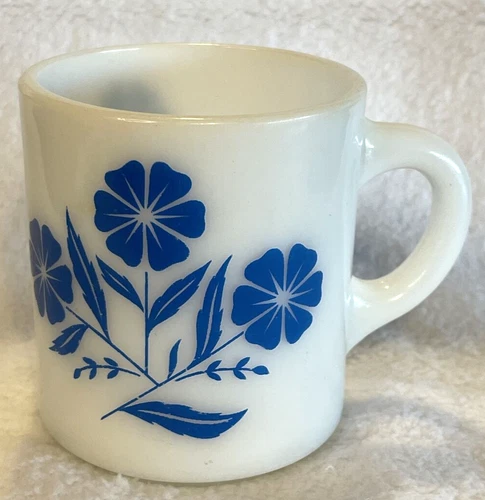 Vintage Hazel Atlas Milk Glass Blue Flower Cornflower Mug or Coffee Cup